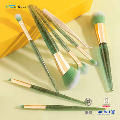Private Label 7pcs Makeup Brush Set Pegangan Plastik Warna Hijau Dengan Pinset Kecantikan