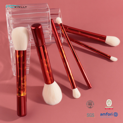 Kuas Rias Rambut Sintetis Aluminium Ferrule Panjang Pegangan Merah Set Kuas Kosmetik