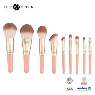 9pcs Professional Makeup Brush Set dengan Genggam Kayu dan Aluminium Ferrule Customization