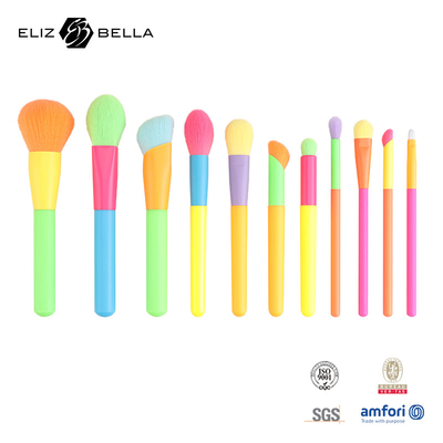 12PCS sikat make-up dengan pegangan kayu berwarna-warni dan ferrule LOGO disesuaikan diterima