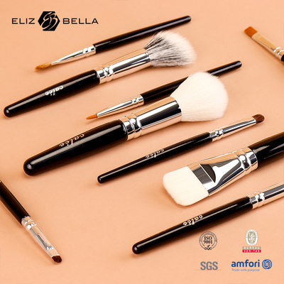 Sesuaikan 9pcs Travel Pro Makeup Brushes dengan Black Wooden Handle dan Aluminium Ferrule