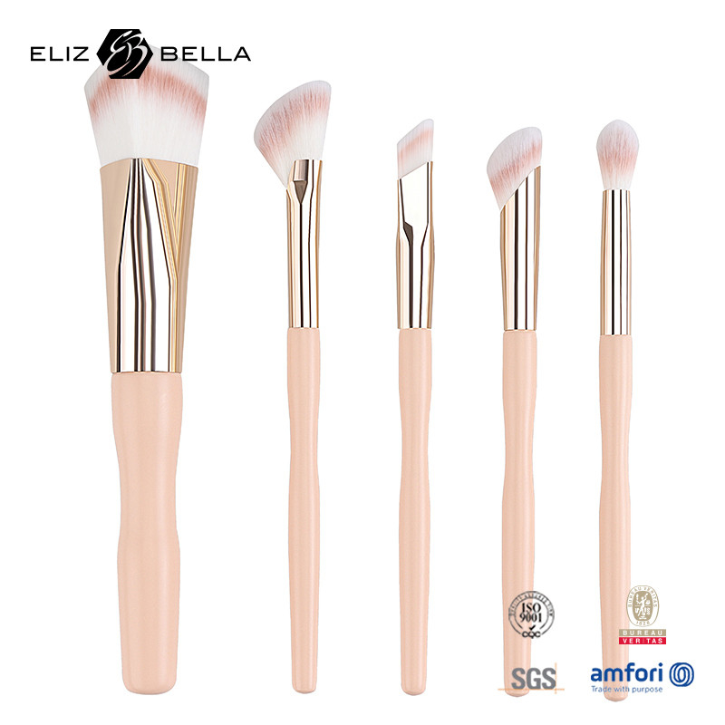 5pcs Harga Pabrik Custom Logo 100% Rambut Sintetis Vegan Wajah Mata Makeup Set Sikat,Tangan Kayu Dan Ferrule Aluminium