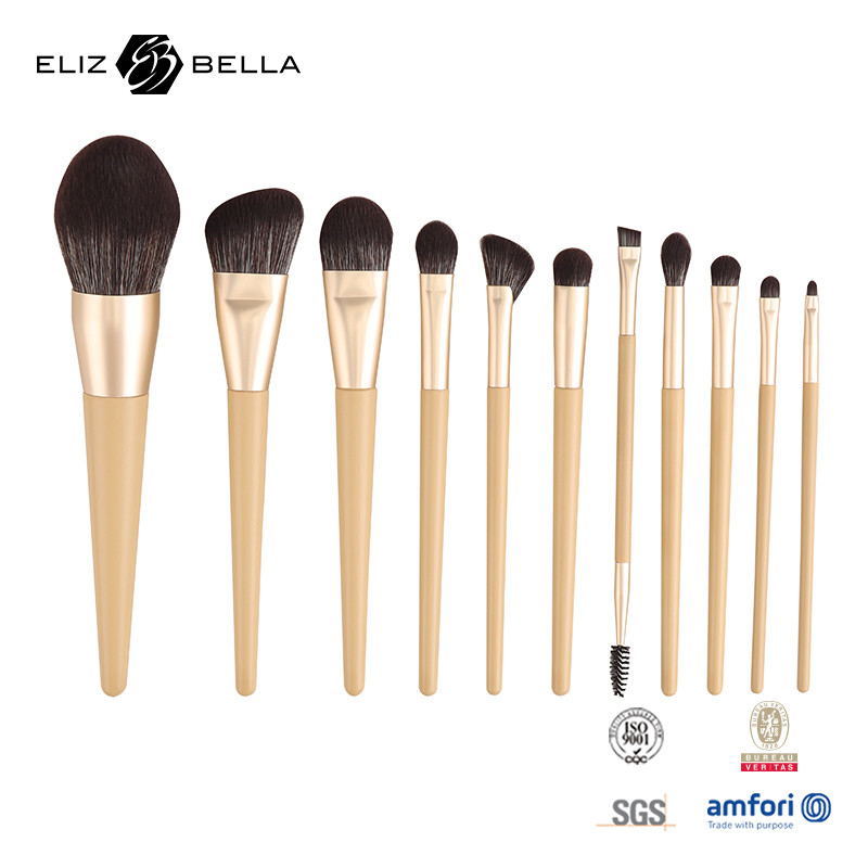 11 Piece Wooden Handle Beauty Makeup Brush Set Aluminium Ferrule Kosmetik Brushes,Sintetik Set Sikat Rambut