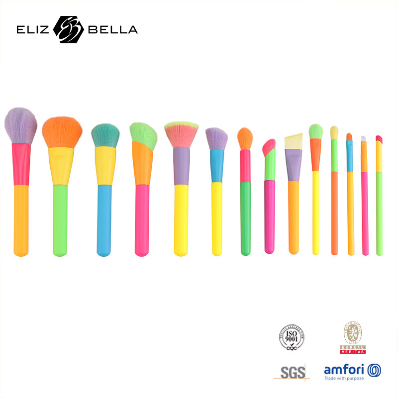 14pcs Custom Design Makeup Brush Set Colored Handle dan Aluminium Ferrule Termasuk