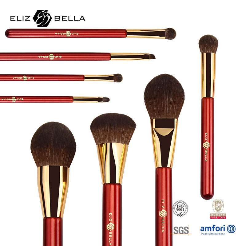 Gelang Kayu Merah Sikat Kosmetik Dengan Rambut Sintetis Sikat Makeup Dengan Ferrule Aluminium Emas