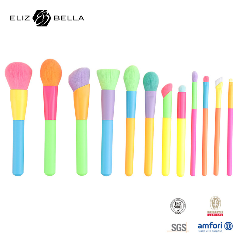 12pcs Berwarna Plastik Handle Dan Aluminium Ferrule Kecantikan Kosmetik Siapkan Sikat Sampel